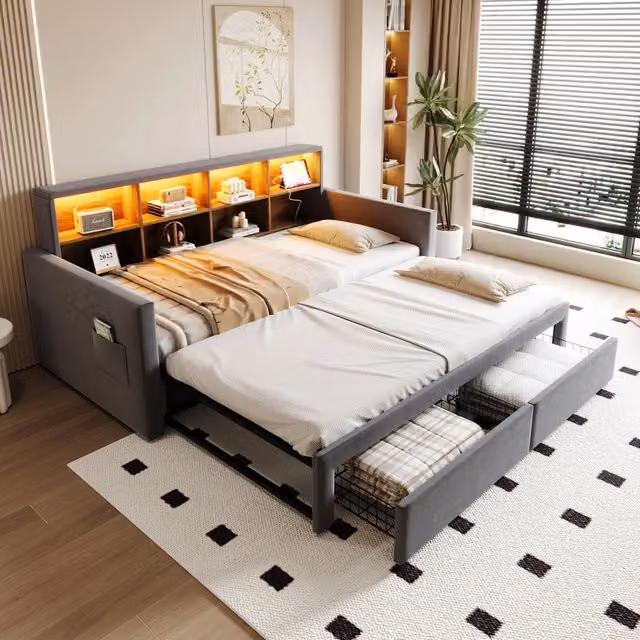 Letto imbottito REDOM in velluto grigio con cassettone e illuminazione sottostante, L/P: 190 x 90 cm