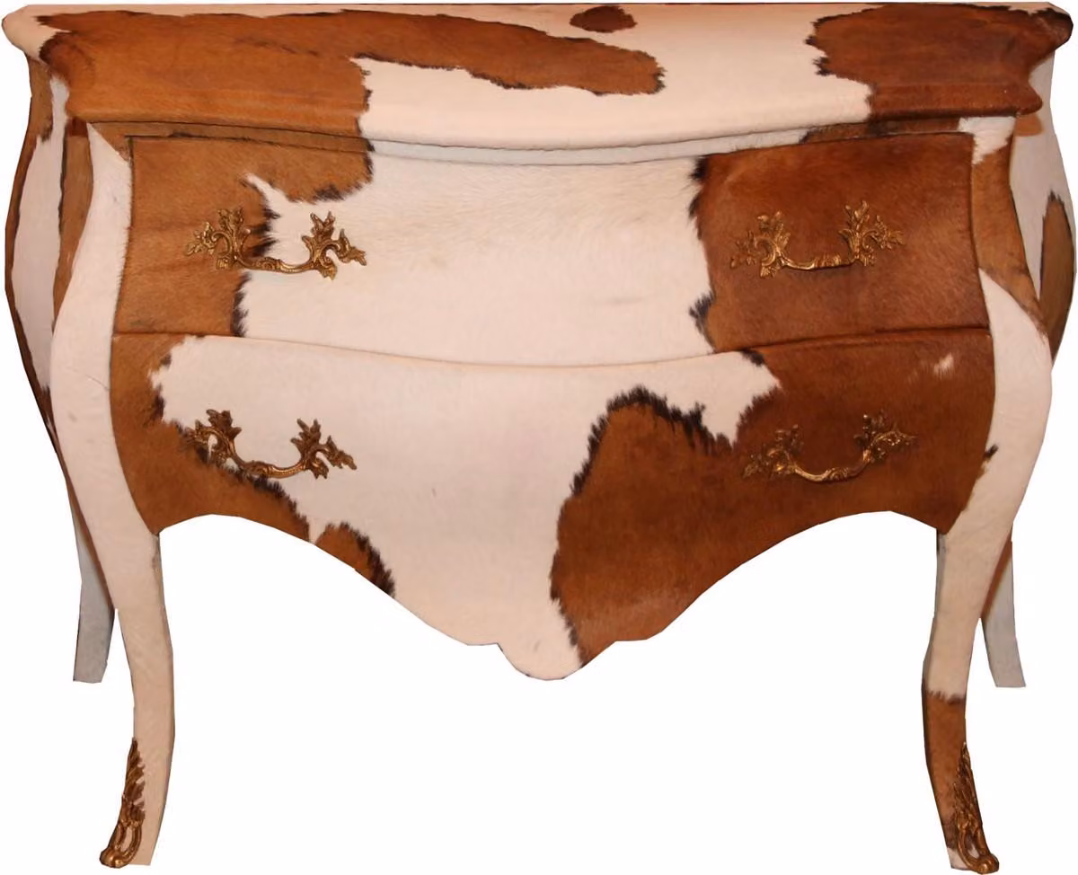 Comò Casa Padrino Barock, in legno massello, con finitura effetto pelle di mucca, color marrone/bianco, dimensioni 120 x 55 x 85 cm - Pezzo unico