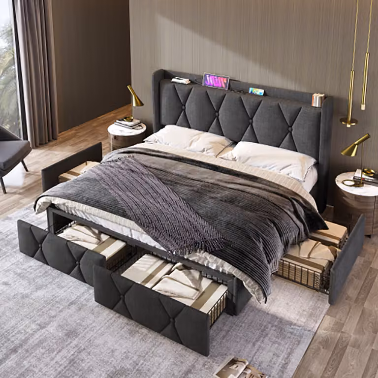 Letto imbottito Sweiko 140x200cm con testata con funzione di ricarica USB e 4 cassetti, struttura letto matrimoniale contenitore, grigio (senza materasso)