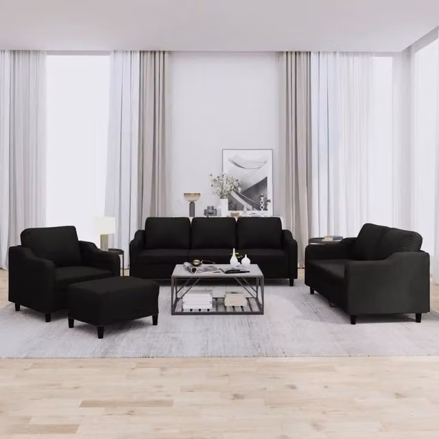 Set di divani moderno vidaXL composto da un divano a 3 posti, un divano a 2 posti, un pouf e cuscini in tessuto nero per il tuo soggiorno – 1