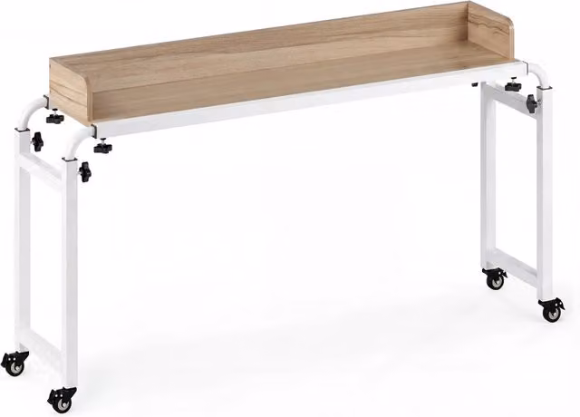 Scrivania mobile sopra il letto con altezza regolabile e ruote, piano in legno bianco e telaio in metallo per camera da letto o home office