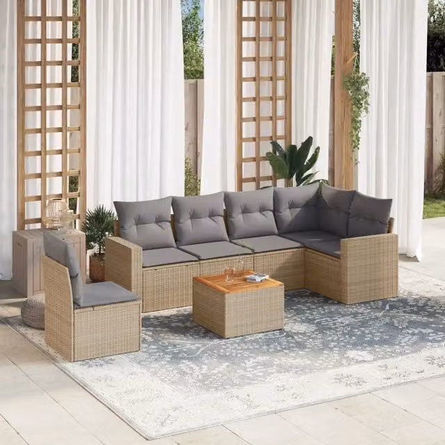 vidaXL Set Divano da Giardino a L 7 pz in Polyrattan con Cuscini Beige e Grigio e Tavolino da Esterno – 1