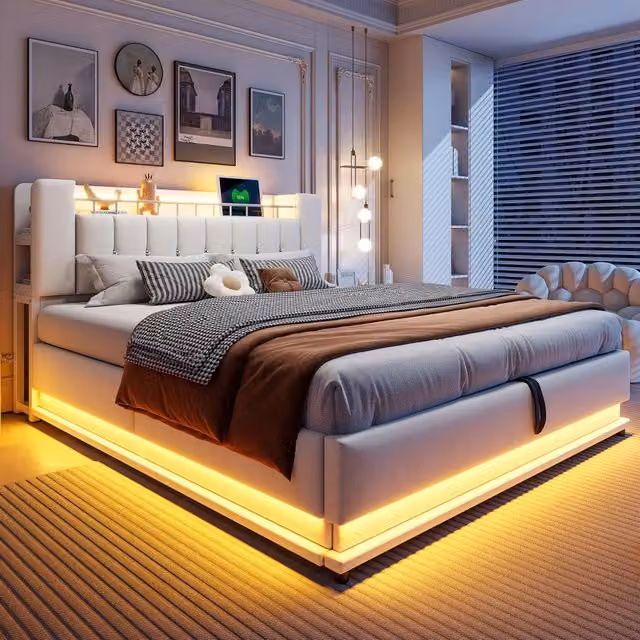 Letto contenitore Mivray con LED e porte USB, testiera in velluto beige e struttura in metallo, L/P: 180 x 200 cm