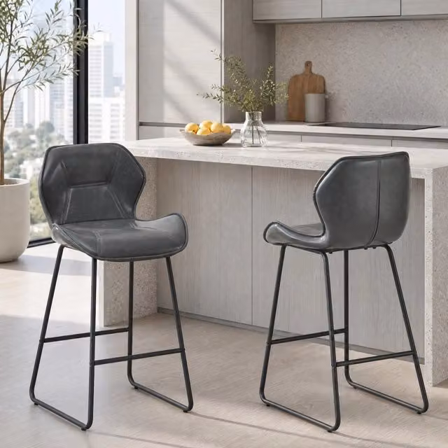 Sgabello da bar set da 2 in similpelle con schienale e poggiapiedi, struttura in metallo grigio per cucina