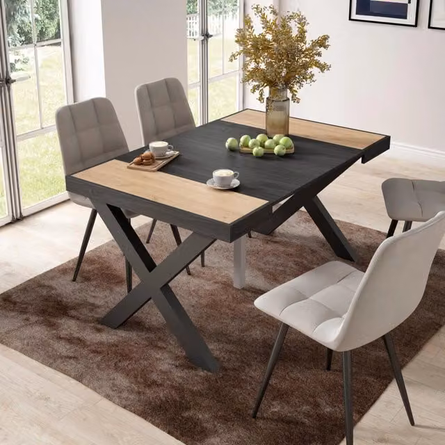 Consolle allungabile Skraut Home per 6 persone con gambe in legno, colore Rovere e nero, L/P/H: 58 x 90 x 73 cm fino a 140 x 90 x 73 cm – 1