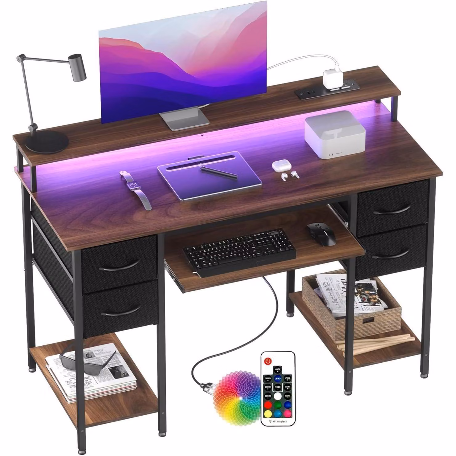 Scrivania da gaming con prese e illuminazione LED, 120x50 cm. Scrivania per computer in legno noce con cassetti e ripiano