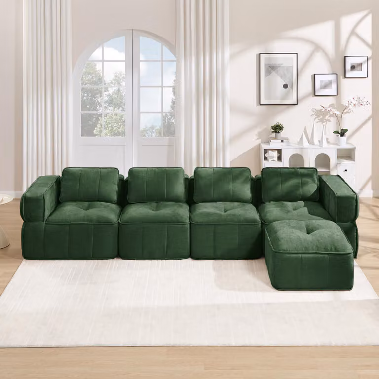 Divano modulare a forma di L, con 4 posti, imbottitura in schiuma 32D, poggiapiedi integrato, cuscini profondi, confortevole (giallo)
