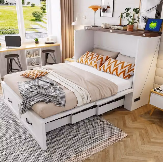 Letto pieghevole salvaspazio 140x200 cm con presa EU; struttura in metallo e legno; bianco