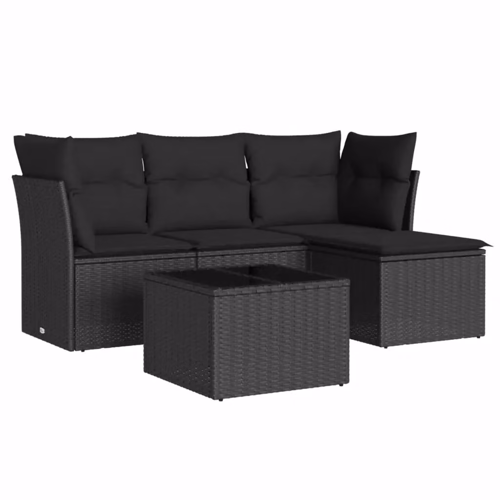 vidaXL Set Divani da Giardino a L 5 pz in Polyrattan Nero con Cuscini e Tavolino da Esterno – 2