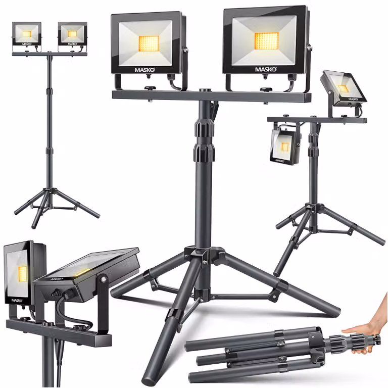 MASKO® Faretto da cantiere a LED con telecomando a treppiede 100W doppio 2x 50W faretto 6500K luce da lavoro luce da lavoro 5m faretto da cantiere lampada da interno esterno altezza regolabile fino a max. 202cm