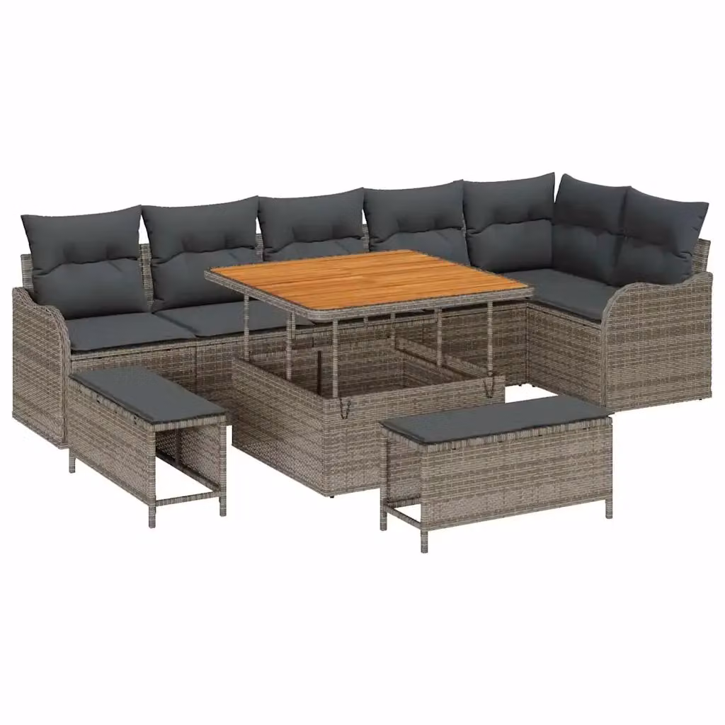 Set Divano da Giardino vidaXL a 9 Pezzi con Cuscini e Tavolino, Design Moderno a Forma di U, Colore Grigio – 2
