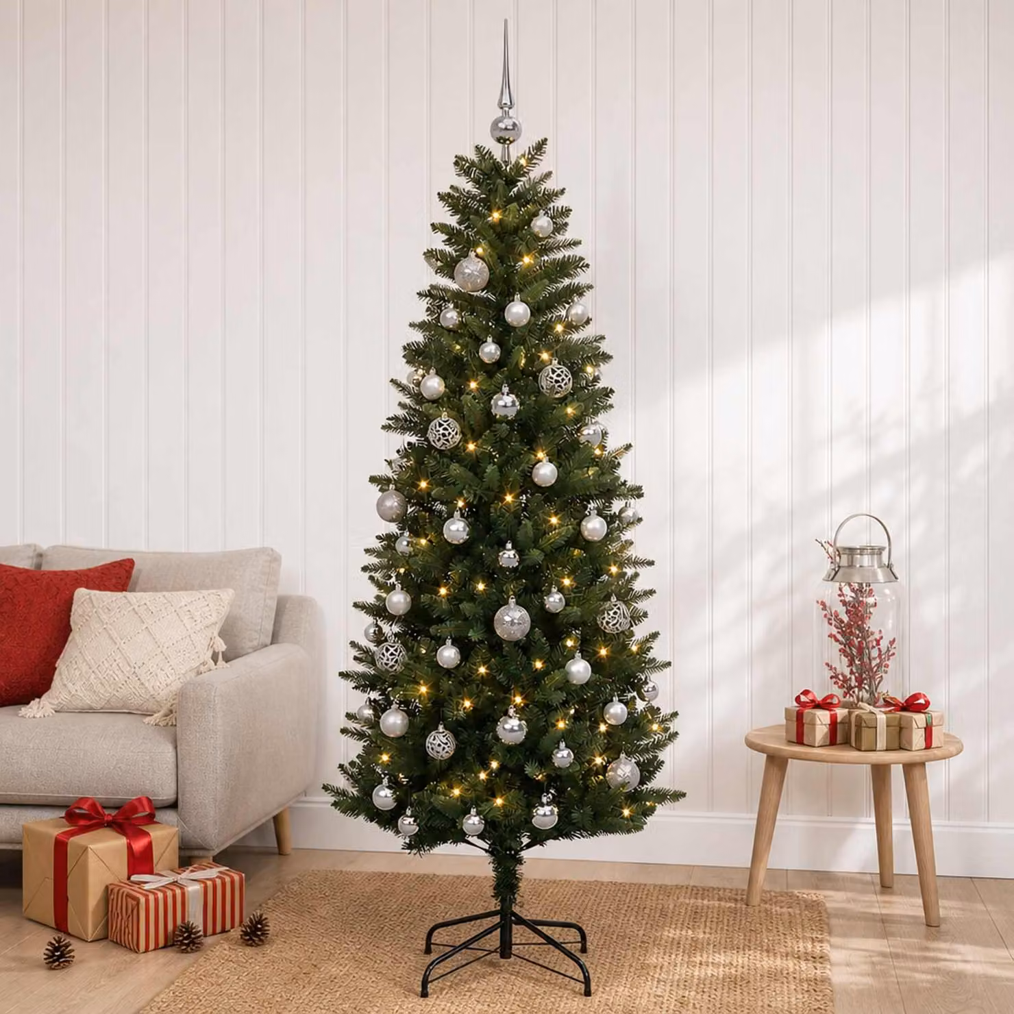 Albero di Natale Artificiale Moderno vidaXL Verde con 150 LED Warm White e Palline, Altezza: 120 cm