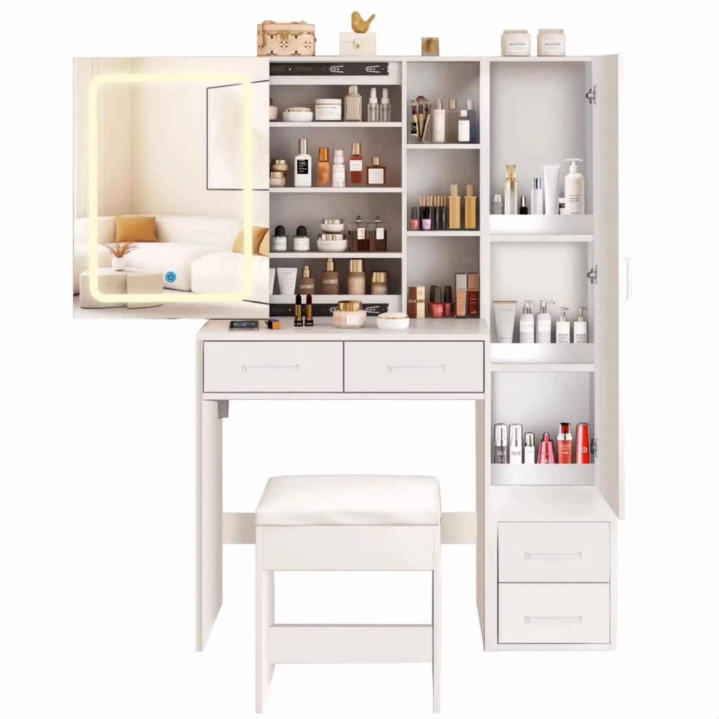 Set da toeletta – Toeletta – 4 cassetti – 1 anta – Mobiletto alto – Panca imbottita – Specchio LED con 3 tonalità di luce – 100 x 40 x 142 cm