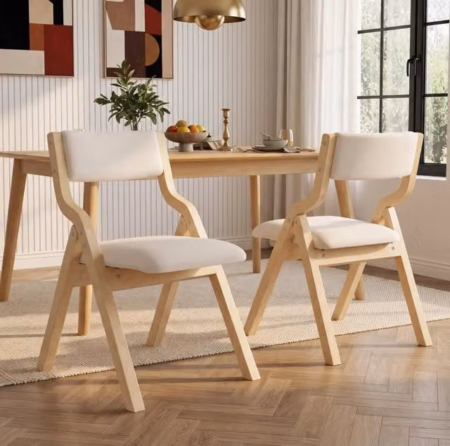 Set di 2 sedie da pranzo pieghevoli in legno massello e lino beige