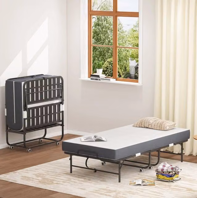 Letto pieghevole singolo 90x190 cm con materasso memory foam 9;5 cm; struttura in metallo nera