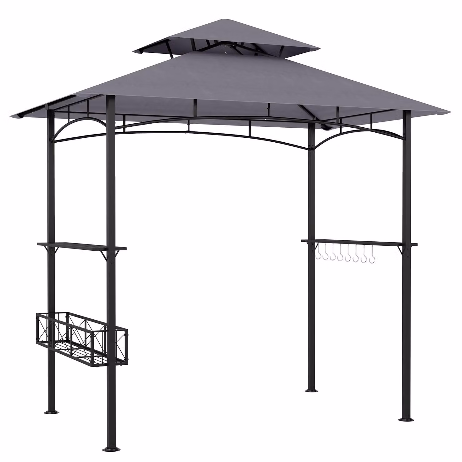 COSTWAY, Gazebo per barbecue, struttura di supporto per barbecue con tetto a doppia falda, cesto portaoggetti, 2 ripiani laterali e 8 ganci. Gazebo resistente alle intemperie, copertura per barbecue 245x149x248 cm, colore grigio