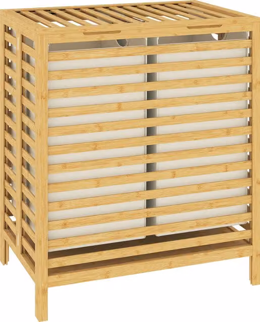 Cesto portabiancheria HOMCOM in bambù da 64L con coperchio e 2 sacche in tessuto Oxford rimovibili e lavabili, color legno e beige