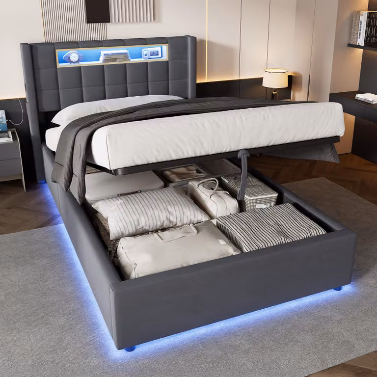Letto imbottito MODFU 90x200, rivestito in velluto, con contenitore a sollevamento idraulico, illuminazione LED e ripiano imbottito nella testiera. Letto per ragazzi dal design moderno, senza materasso, colore grigio