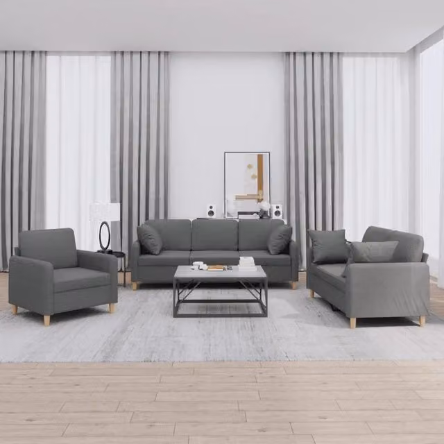 Set di divani vidaXL da soggiorno in tessuto grigio con cuscini, composto da un divano a 3 posti e un divano a 2 posti, design moderno