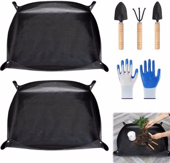 Set di tappetini per giardino Unyqoos® per la cura delle piante – 2 pezzi, dimensioni 100 x 100 cm, impermeabili e pieghevoli, in PE spesso, con 3 mini-utensili da giardino e guanti professionali, e 4 fibbie in rame