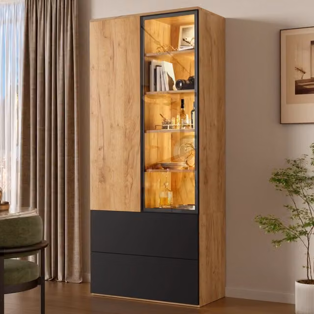 Vetrina 70x35x160 cm con illuminazione LED regolabile in vetro e truciolare nero e naturale