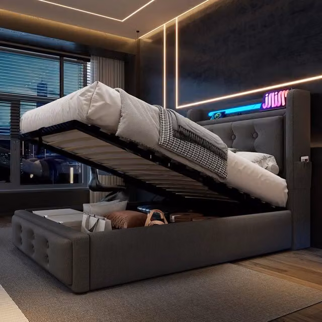 Letto Imbottito Singolo con Testiera LED e USB ¨C MINIMAL ¨C Grigio, Doghe in Legno, 90x200