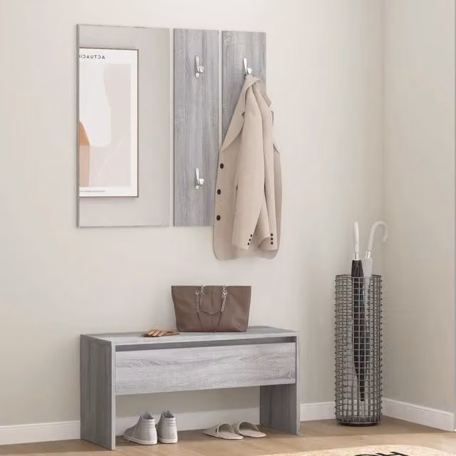 Set di mobili da corridoio moderno vidaXL in legno e plastica, colore grigio, con panca, specchio e pannello – 1