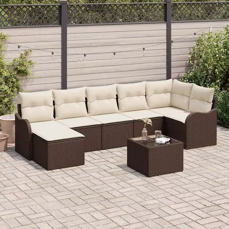 Set Divano da Giardino a L vidaXL in Polyrattan Marrone con Tavolino, Ottoman e Cuscini inclusi