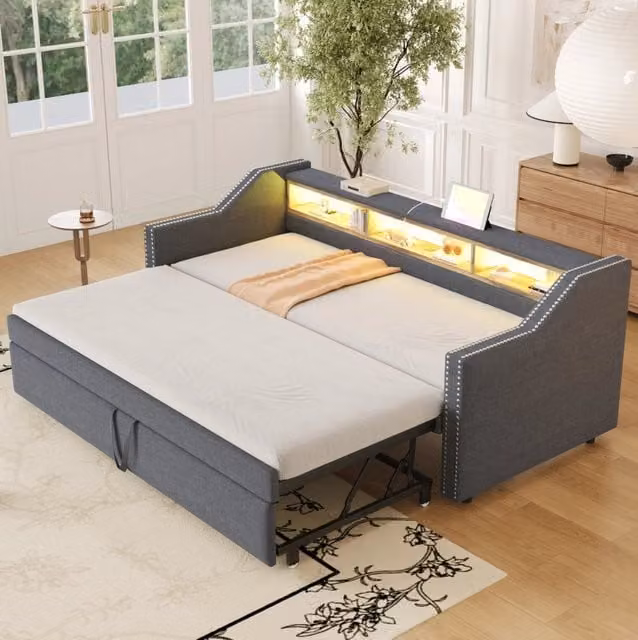 Divano letto estraibile imbottito 90/180x190 cm grigio scuro con USB, LED e rete