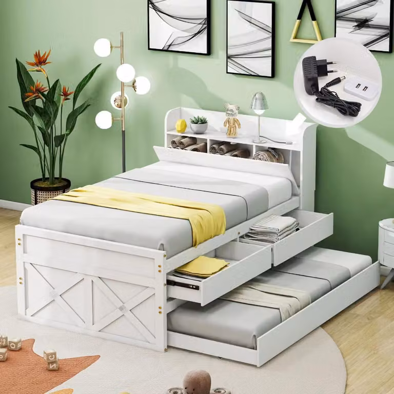 Letto singolo 90x190 cm in legno massello con letto a scomparsa, 2 cassetti, comodino con spazio contenitore e porta USB, rete a doghe (30 doghe)