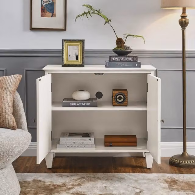 Desviae Credenza con due vani e ripiano regolabile in MDF e legno bianco antico con motivo geometrico per soggiorno e ingresso