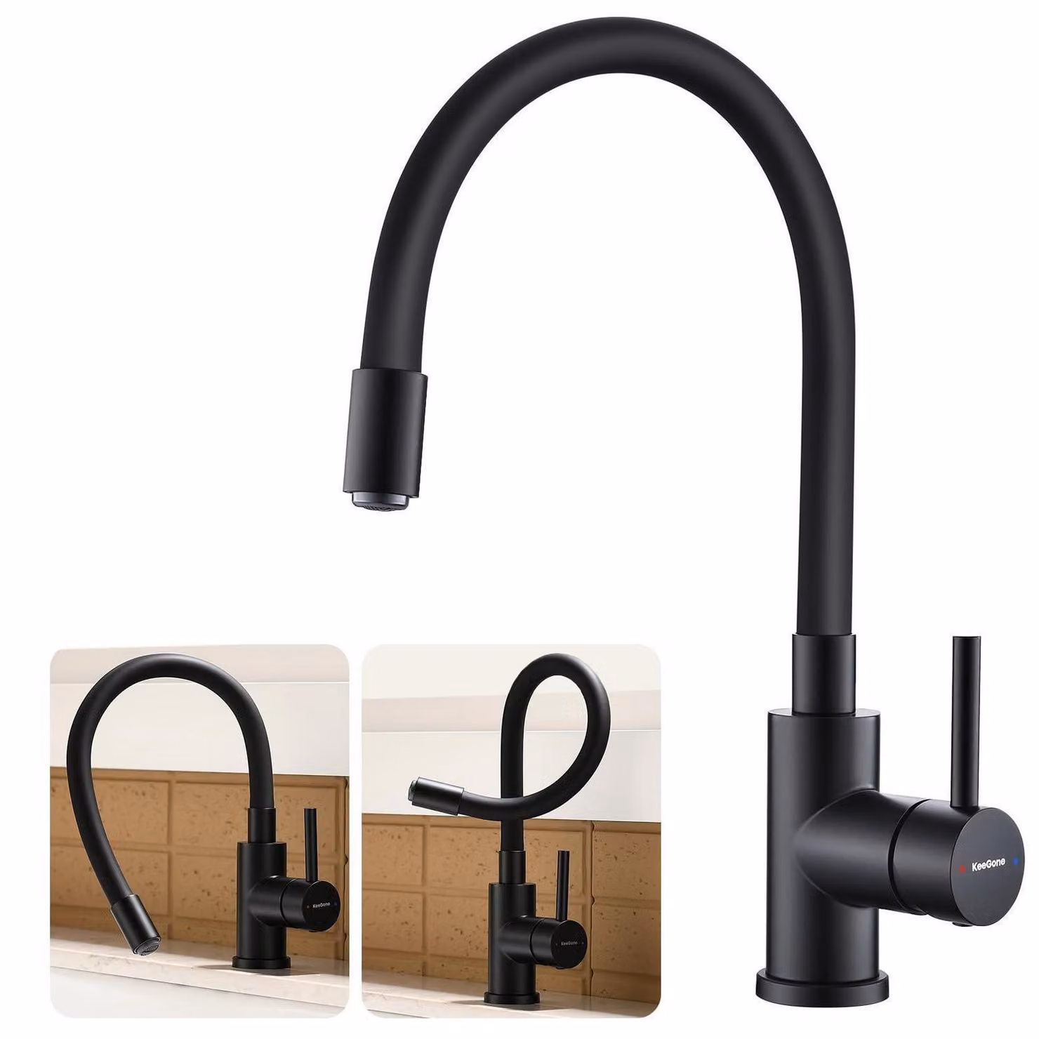 Miscelatore da cucina nero con erogatore flessibile e limitatore di flusso per il risparmio idrico, girevole a 360°