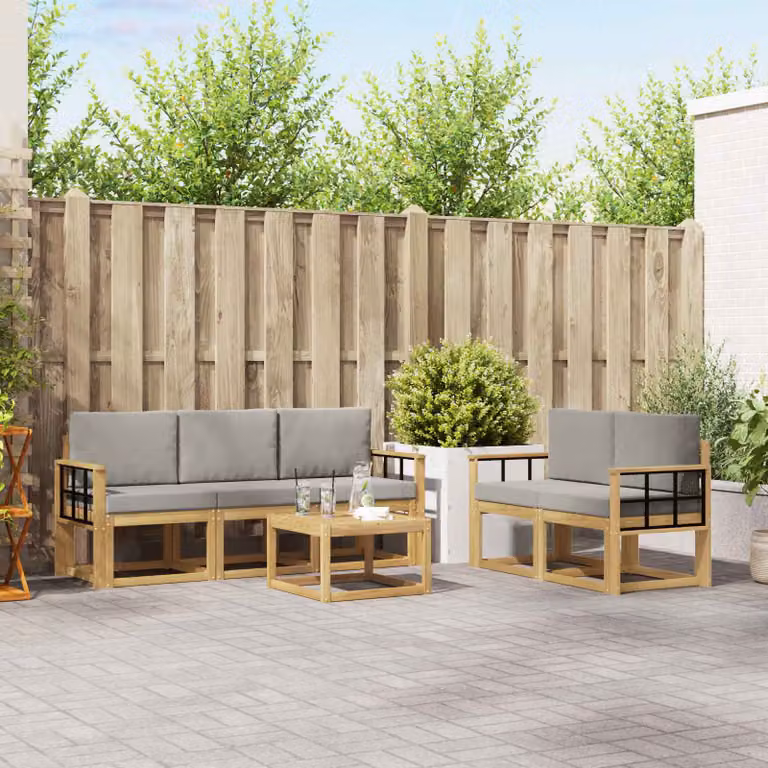 Set di divani da esterno a L vidaXL da 6 pezzi con tavolino, in legno di acacia e tessuto resistente ai raggi UV, Bianco e Grigio