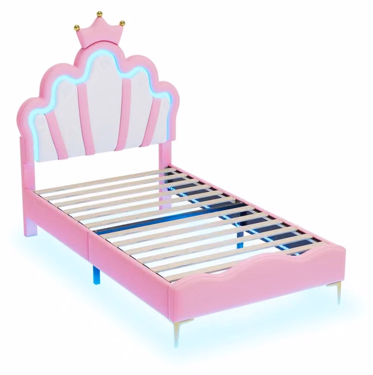 Letto per bambini - Letto singolo imbottito - 90 x 200 cm - Poggiatesta LED regolabile - Struttura a listelli - Ecopelle - Rosa