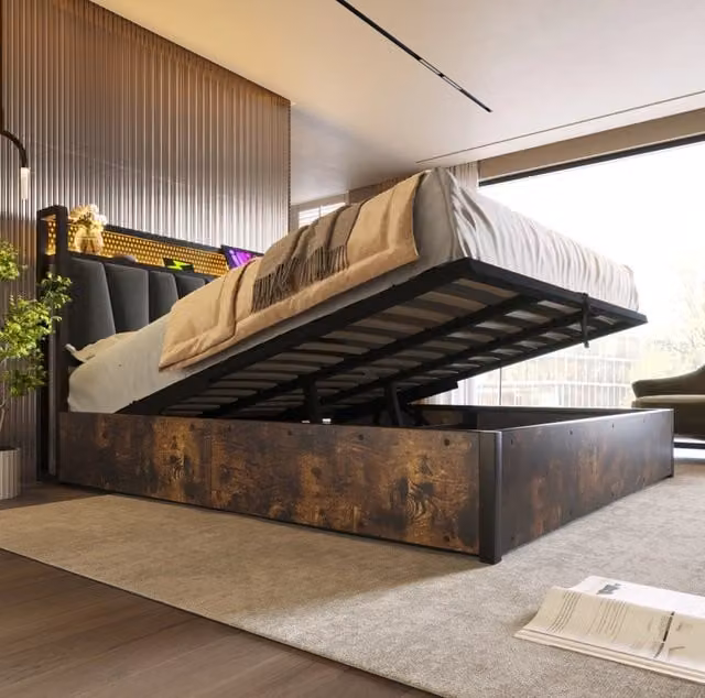 Letto matrimoniale 180x200 cm con LED; USB e contenitore; grigio