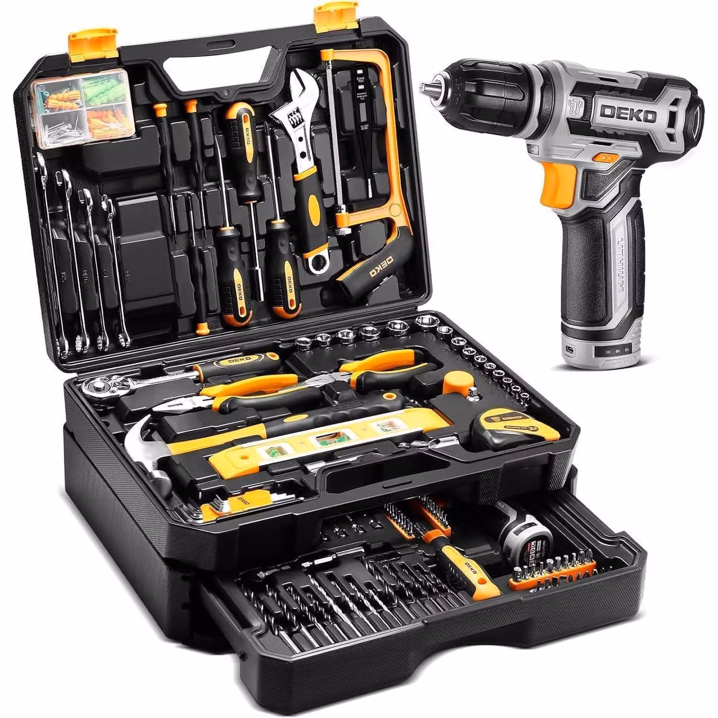 Valigetta con 238 pezzi e trapano avvitatore a batteria da 12V