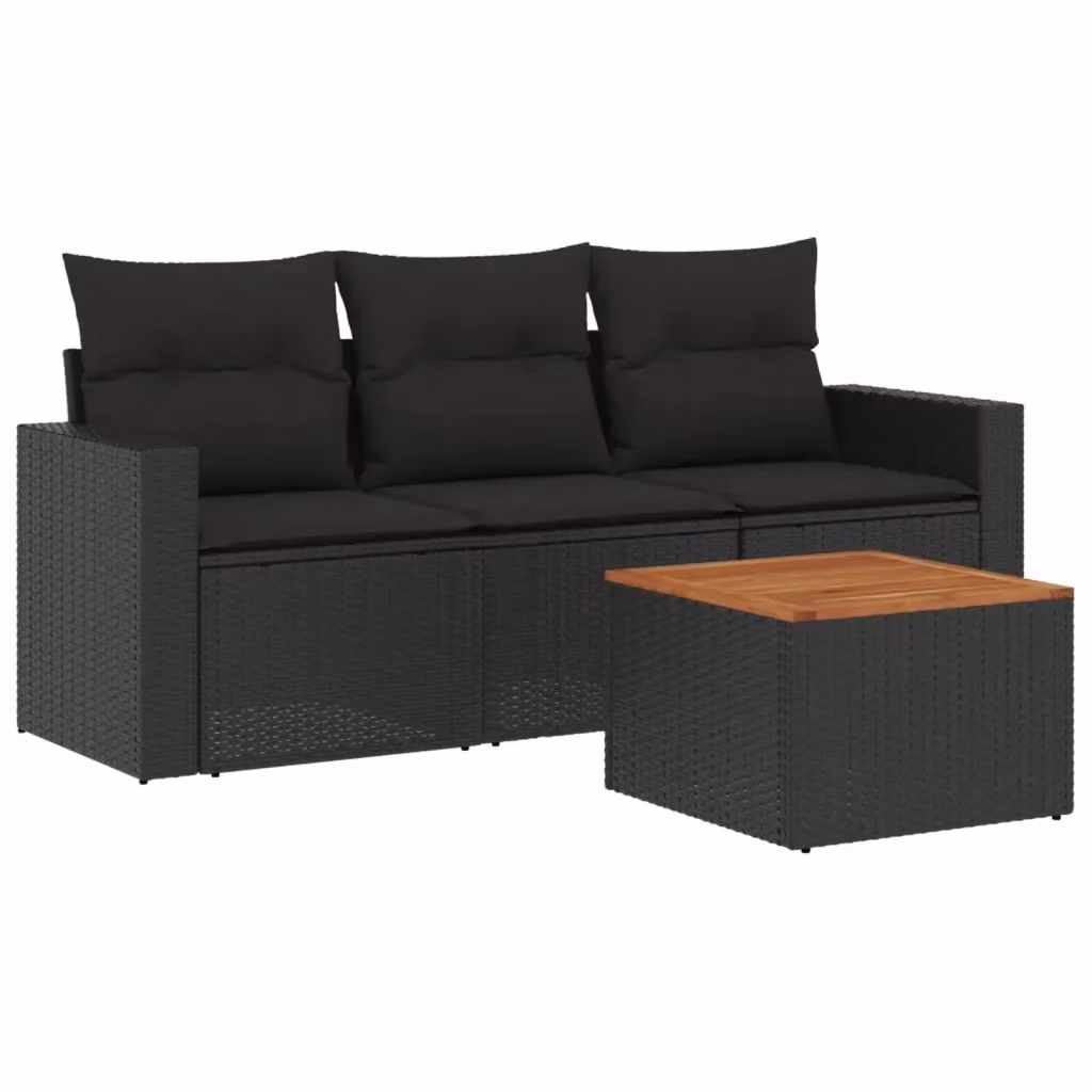 Set di Divani da Giardino vidaXL 4 Pezzi in Polyrattan Nero con Cuscini e Tavolino da Esterno – 2
