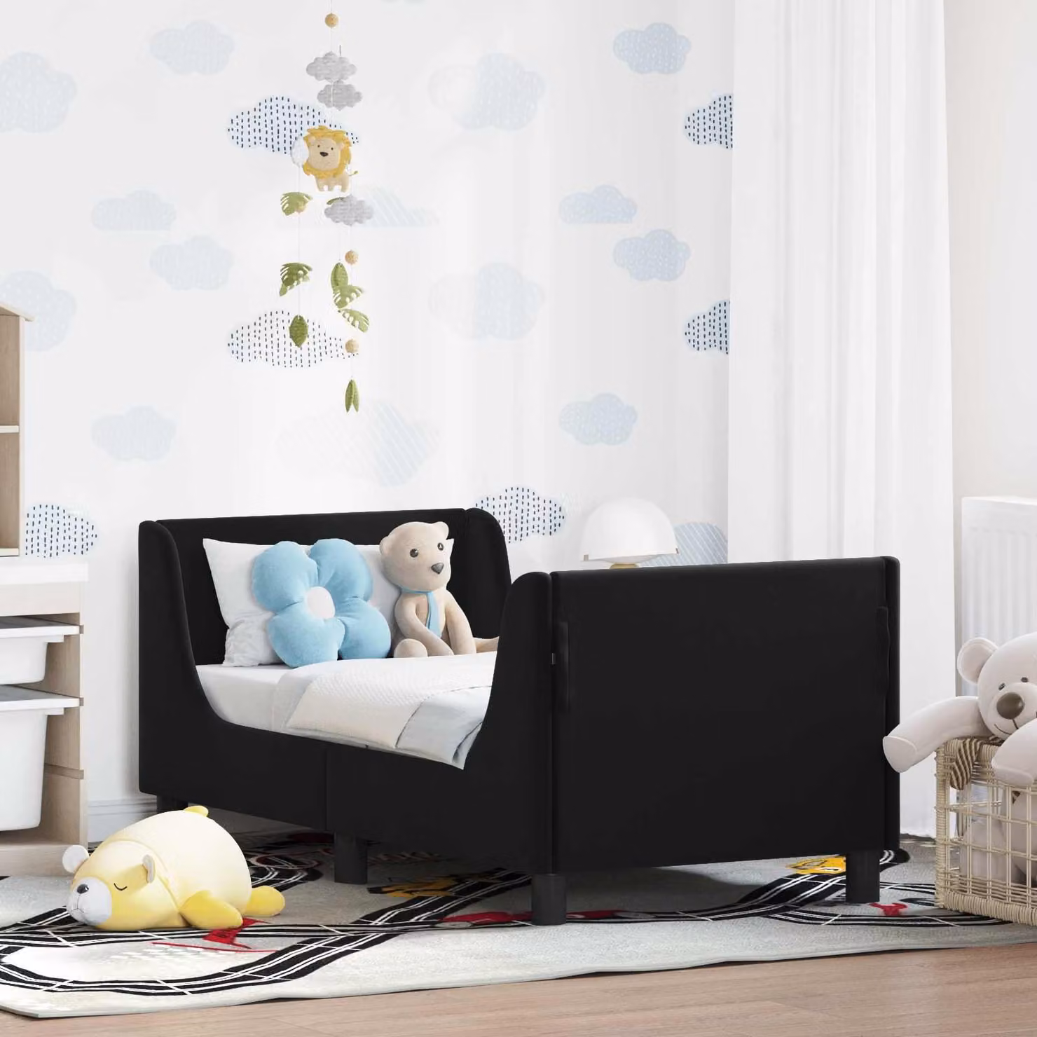 vidaXL Struttura letto per bambini moderna in legno MDF con rivestimento in velluto nero L/P/H: 140 x 70 x 76 cm