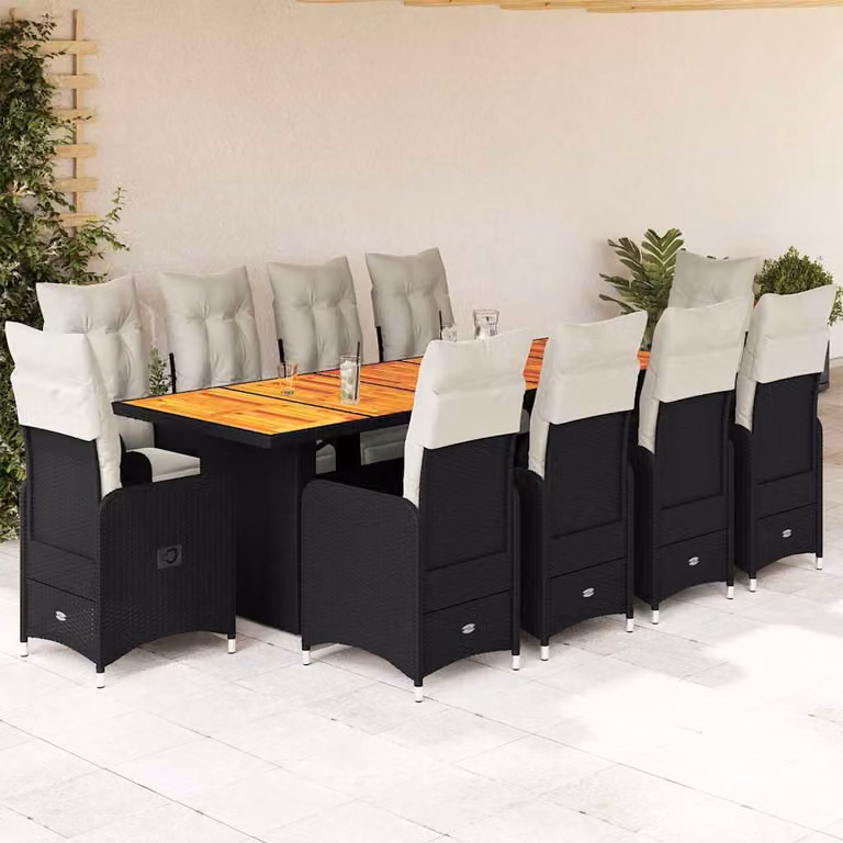 Set da Bistrò da Giardino vidaXL 11 pz in Polyrattan e Legno di Acacia con Cuscini Nero e Bianco