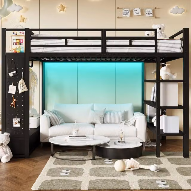 Letto a soppalco 140x200 cm con armadio aperto; LED; metallo e MDF; nero