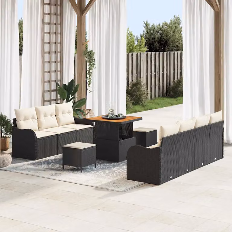 vidaXL Set Divano da Giardino Moderno a Forma di U con 10 Pezzi, Nero e Beige