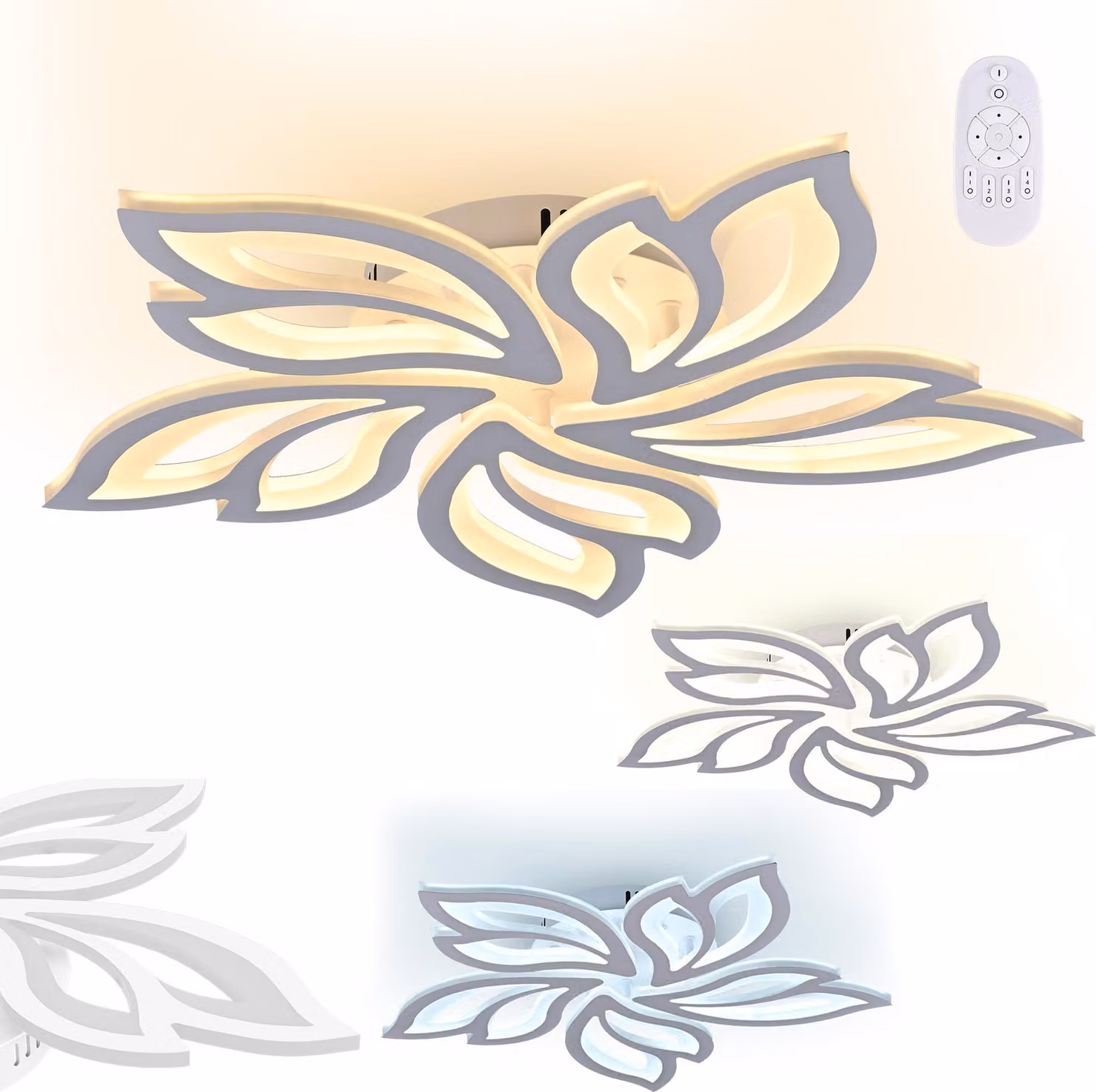 Lampada da soffitto a LED VA-Cerulean, 96W, dimmerabile, con telecomando, forma a fiore, 5 petali