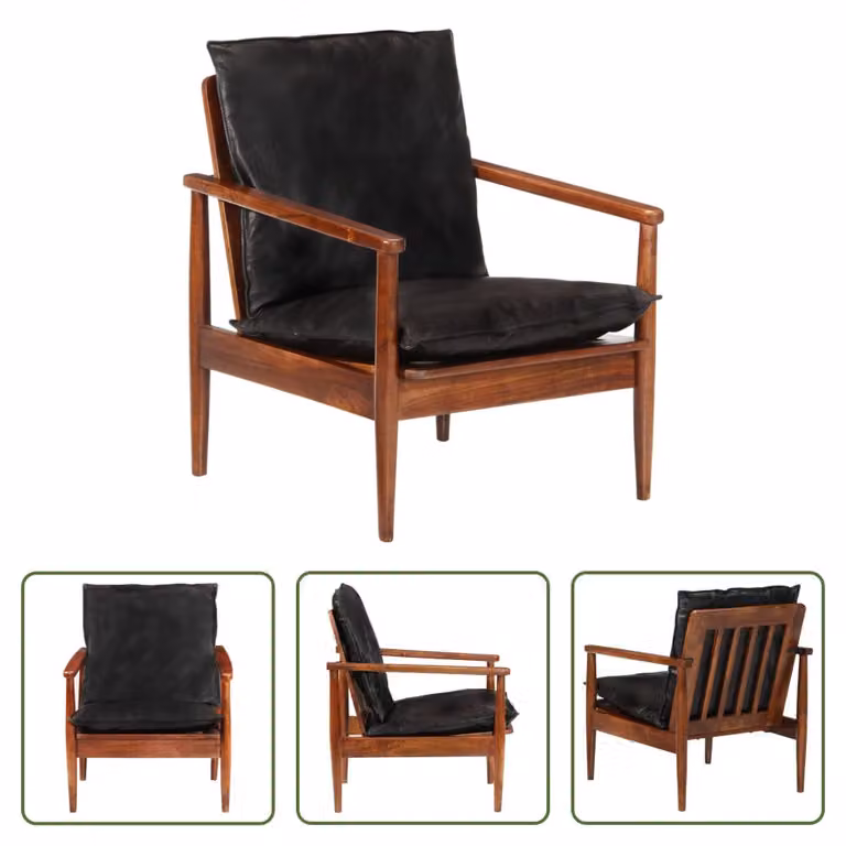 The Living Store Poltrona nera in vera pelle e legno massiccio di acacia