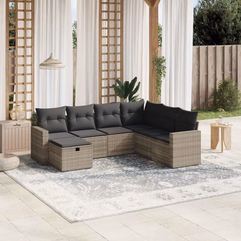 Set di Divani da Giardino vidaXL 7 Pezzi a Forma di L con Cuscini Grigio Moderno in Polyrattan e Metallo