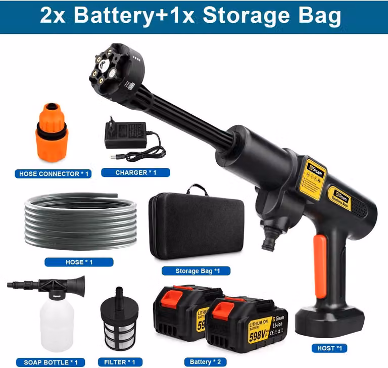 Idropulitrice - Lavacarrozze a batteria - 200 bar - Senza spazzole - Ugello 6 in 1 - 18 V - Tubo da 5 m - 2 batterie