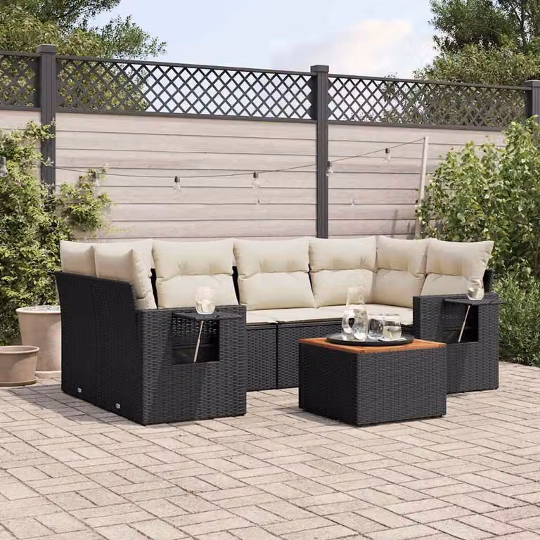vidaXL Set Divani da Giardino a L con Cuscini 7pz in Polyrattan Nero e Legno di Acacia