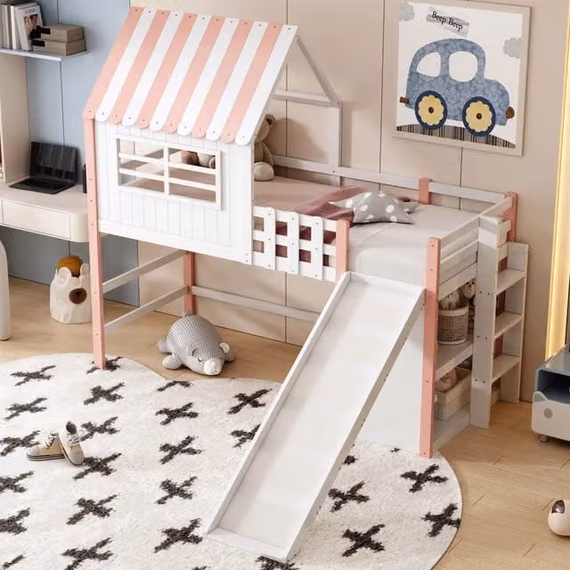 Letto a soppalco per bambini 90 × 200 cm con scivolo, scala e mensole, senza materasso, rosa in legno massello e MDF