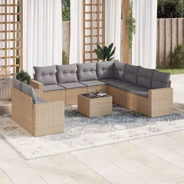 Set Divano da Giardino Moderno VIDAXL in Polyrattan con Cuscini Beige, 10 Pezzi, Forma a L