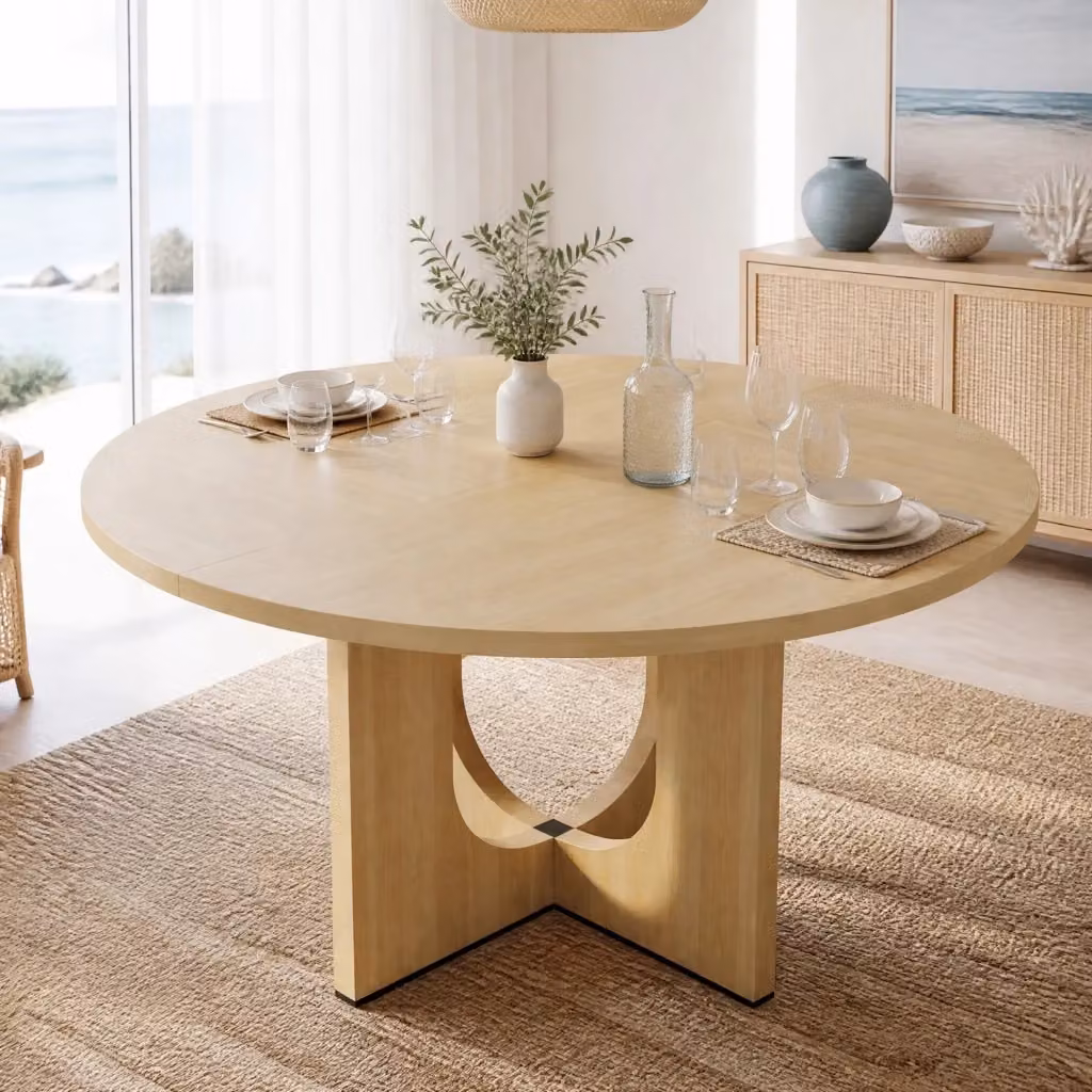 Tavolo da pranzo rotondo MODFU in MDF laminato effetto rovere, stile scandinavo, colore marrone e beige, Diametro: 120 cm – 2