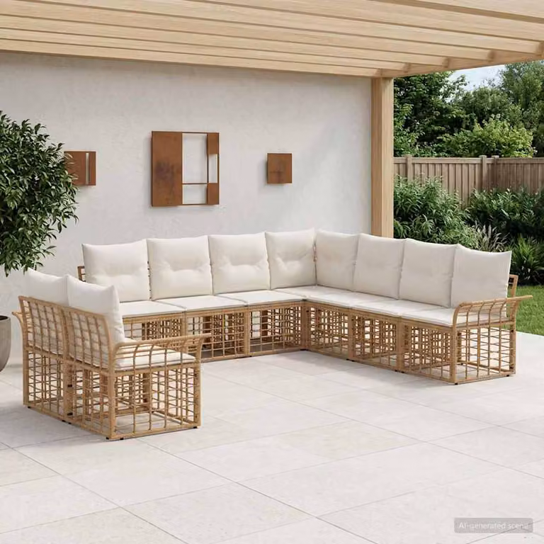 Set di divani da esterno vidaXL a forma di U composto da 9 pezzi in stile rustico con struttura in metallo e cuscini inclusi, colori beige, bianco e marrone